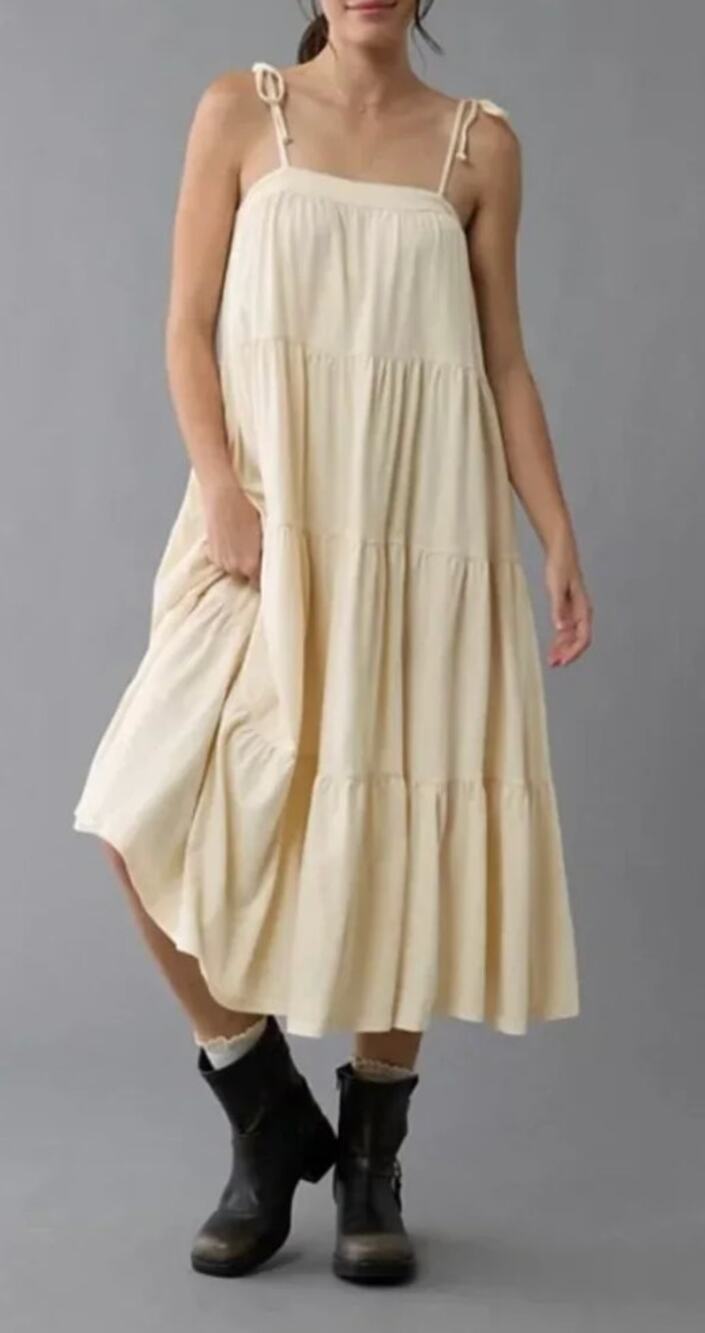 American Eagle Sunchaser Tie Shoulder Tiered Midi Sundress Dress Cream Small